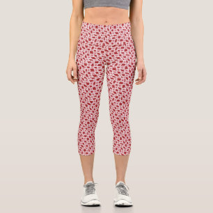 Groovy Wavy Trippy 60s Flower Checks Red Pink Capri Leggings