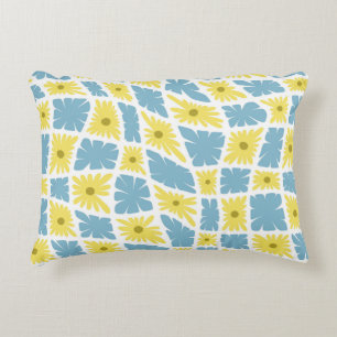 Groovy Wavy Trippy 60s Flower Checks Yellow Blue Accent Pillow