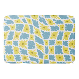Groovy Wavy Trippy 60s Flower Checks Yellow Blue Bath Mat