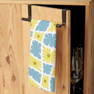Groovy Wavy Trippy 60s Flower Checks Yellow Blue Kitchen Towel