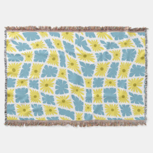 Groovy Wavy Trippy 60s Flower Checks Yellow Blue Throw Blanket