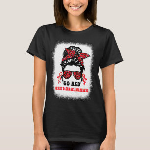 Groovy Wear Red Heart Disease Awareness Messy Bun T-Shirt
