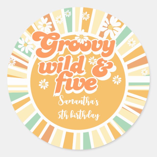 Groovy wild and five retro sun kids birthday classic round sticker (Front)