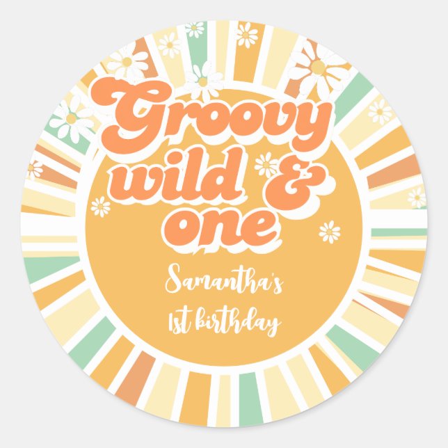 Groovy wild and one retro sun kids birthday classic round sticker (Front)
