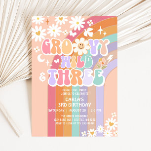 Groovy Wild and Three Hippie Retro 3rd Birthday Invitation
