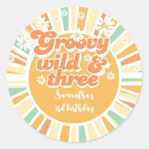 Groovy wild and three retro sun kids birthday classic round sticker