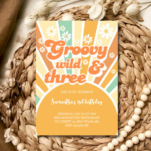 Groovy wild and three retro sun kids birthday invitation