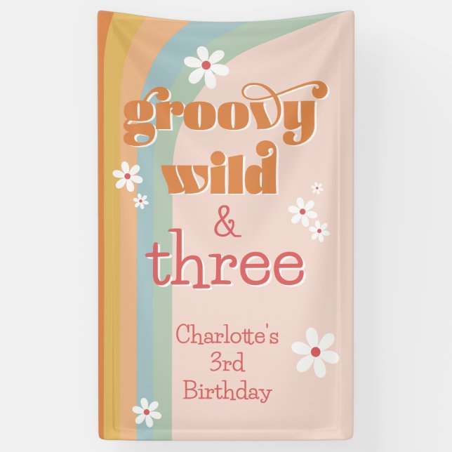 Groovy Wild and Three White Daisy Girl's Birthday Banner (Vertical)