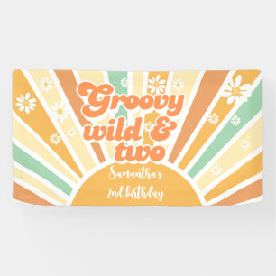 Groovy wild and two retro sun kids birthday banner
