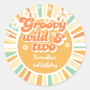 Groovy wild and two retro sun kids birthday classic round sticker