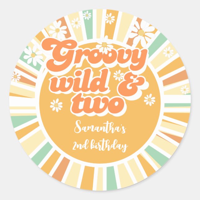 Groovy wild and two retro sun kids birthday classic round sticker (Front)