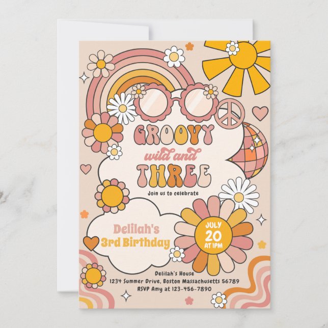 Groovy Wild & Three Flower Power Rainbow Birthday Invitation (Front)