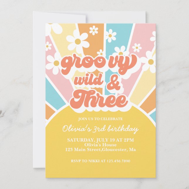 Groovy Wild Three Retro Sunshine Rainbow Daisy Invitation (Front)