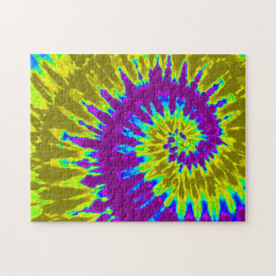 Groovy Yellow and Purple Tie Dye Spiral Jigsaw Puzzle