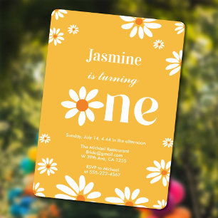 Groovy Yellow Daisy Florals baby girl 1st Birthday Invitation