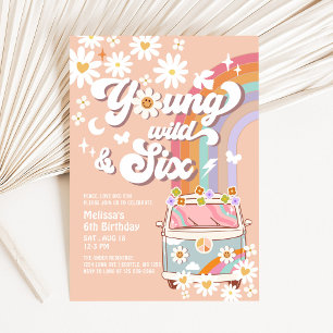 Groovy Young Wild and SIX Rainbow 6th Birthday Invitation