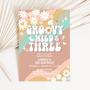 Groovy Young Wild and Three 3rd Birthday Invitation