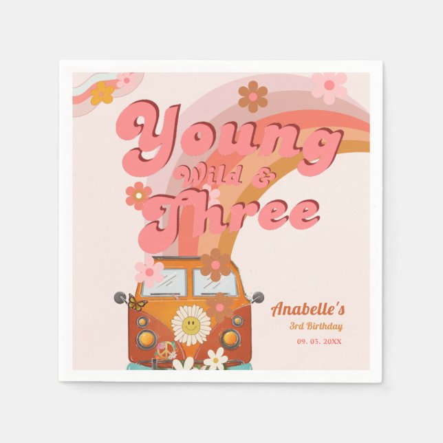 Groovy Young Wild and Three Pink Peach Van Daisy  Napkin (Front)