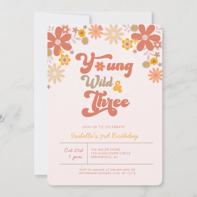 Groovy Young Wild & Three 3rd Birthday Invitation (Front)