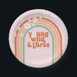 Groovy Young Wild Three daisy rainbow 3rd birthday Paper Plate<br><div class="desc">Retro inspired groovy Young Wild and Three 3rd birthday party plates with hippie style rainbow,  daisies and boho fonts and colours.</div>