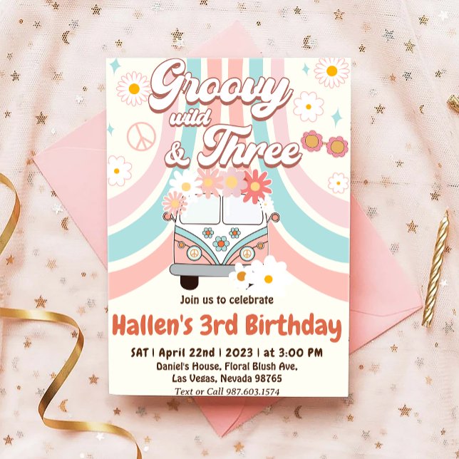 Groovy Young Wild & Three Rainbow 3rd Birthday Invitation (Creator Uploaded)