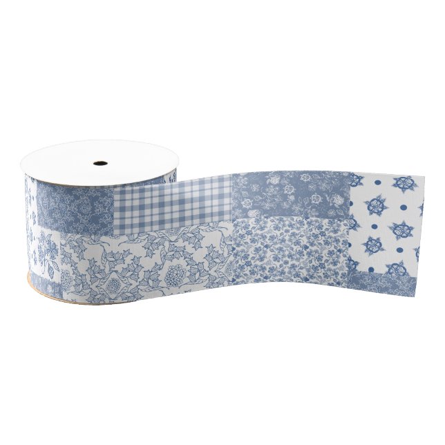 Gros-grain Nostalgique Indigo Faux Patchwork Ruban Grosgrain (Bobine)