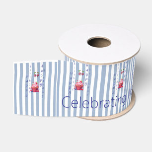 Gros-grain Ruban bleu et blanc rayé Joyeux Anniversaire