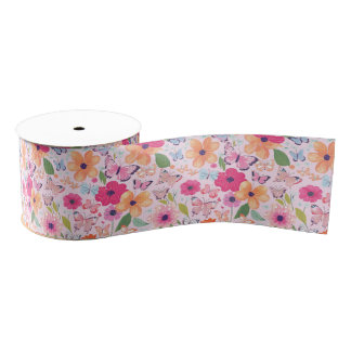 Gros-grain Ruban floral de jardin rose avec papillons