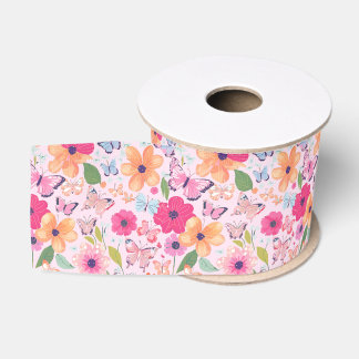Gros-grain Ruban floral de jardin rose avec papillons