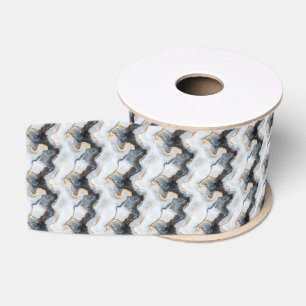 Gros-grain Ruban Grosgrain à Imprimé Marbré Noir, Or et Blanc