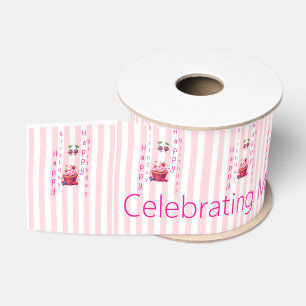 Gros-grain Ruban rayé rose et blanc Joyeux Anniversaire