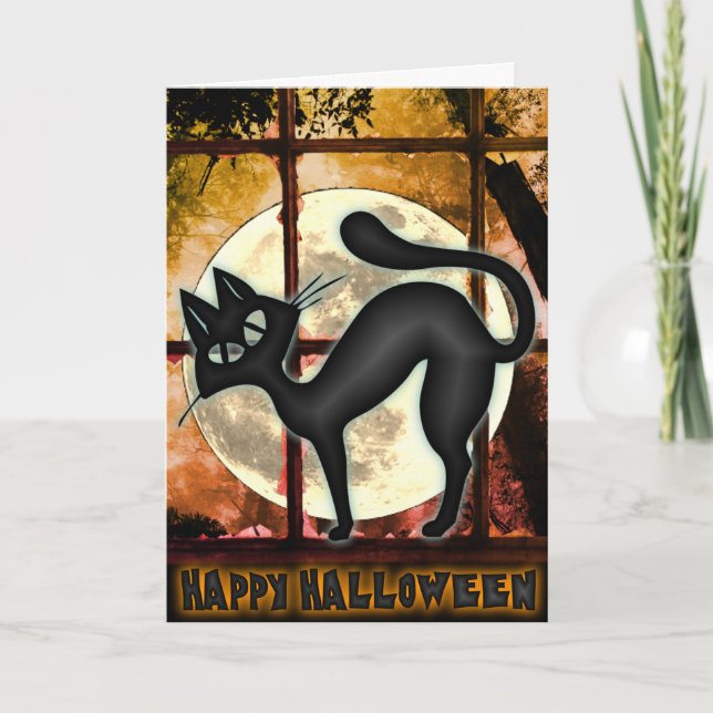 Gros gros chat noir drôle Carte de voeux Halloween (Devant)