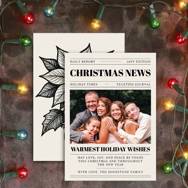 Gros titre de Noël Carte photo de journal (Extra! Extra! Read all about it! Newspaper headline Christmas holiday photo card front and back view)