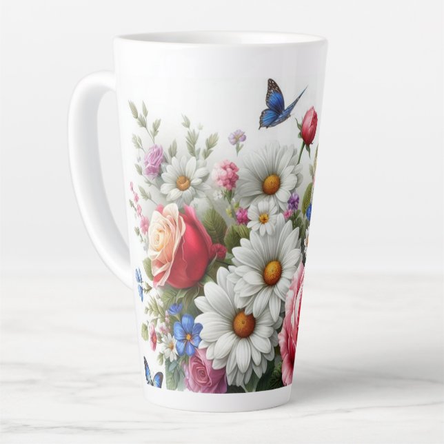 Grosse Mug Latte - Roses, Marguerites, Papillons (Angle gauche)