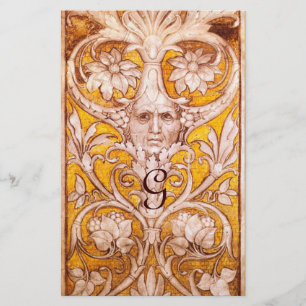 GROTESQUE FACE WITH GOLD FLORAL PARCHMENT MONOGRAM STATIONERY