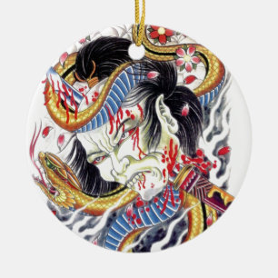 Grotesque & Snake Tattoo Design Ceramic Ornament