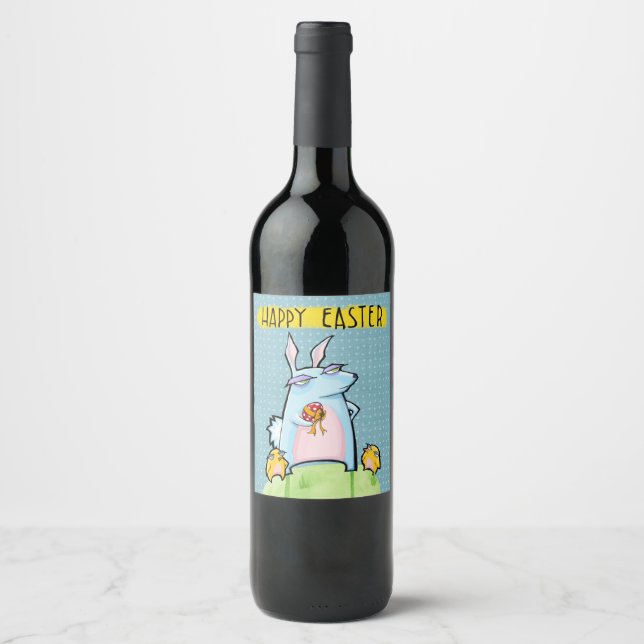 Grouchy Rabbit Easter blue Wine Bottle Label (Front)