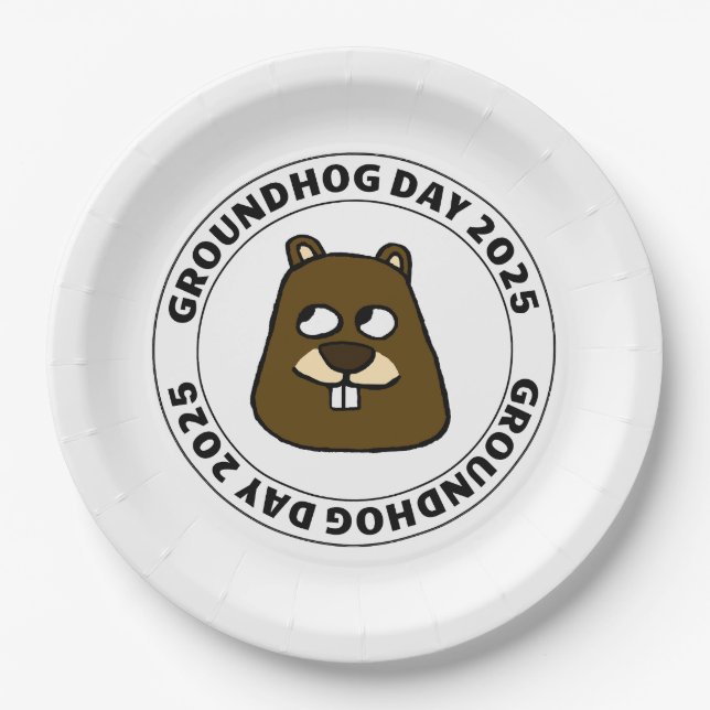 Groundhog Day 2025 with Groundhog face Paper Plate (Front)
