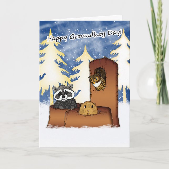 Groundhog Day Card - Groundog, Raccoon, Owl (Front)