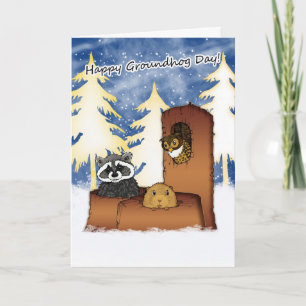 Groundhog Day Card - Groundog, Raccoon, Owl
