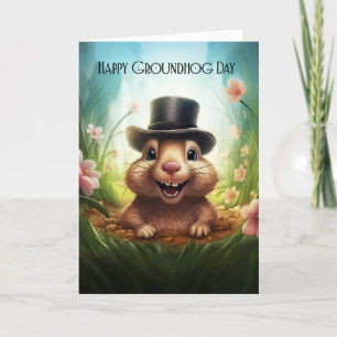 Groundhog Day Greeting Card With Cute Groundhog