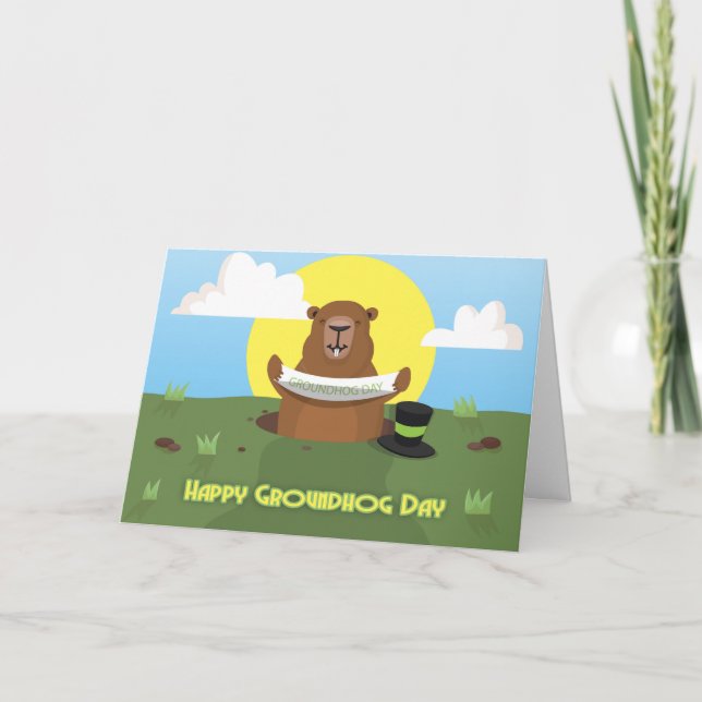 Groundhog day greeting card with groundhog holding (Front)