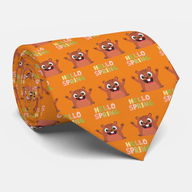 Groundhog Day Hello Spring Funny Orange Tie (Rolled)