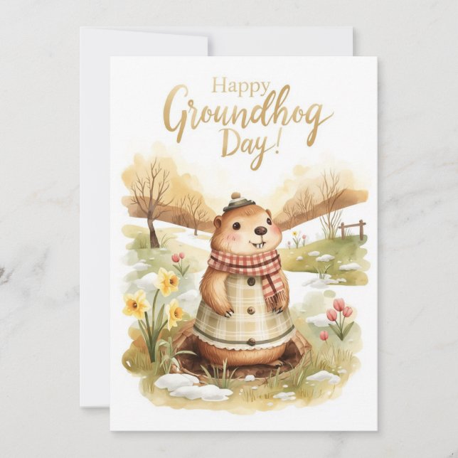 Groundhog day watercolor holiday card (Front)