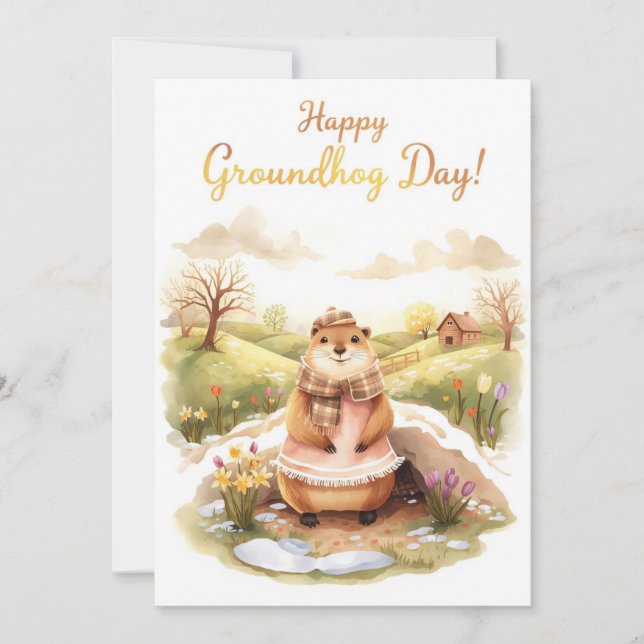Groundhog day watercolor holiday card (Front)