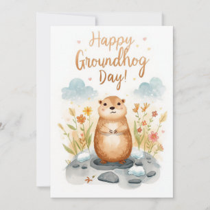 Groundhog day watercolor holiday card