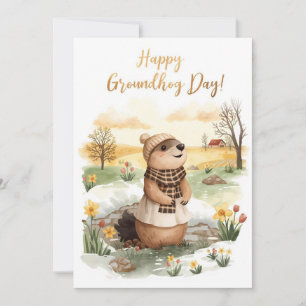 Groundhog day watercolor holiday card