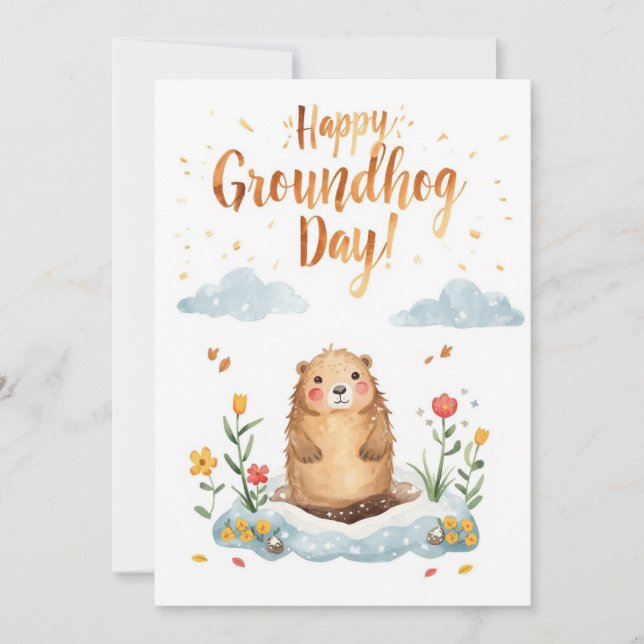 Groundhog day watercolor holiday card (Front)