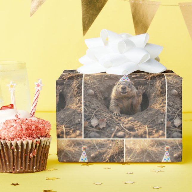 Groundhog In a Birthday Party Hat Wrapping Paper (Birthday Party)