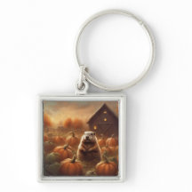 Groundhog in pumpkin field keychain